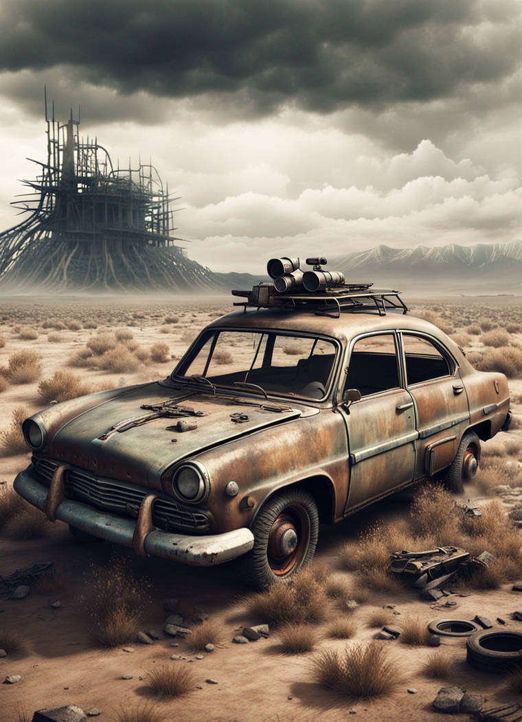 Paysage post-apocalyptique avec Une voiture rtro