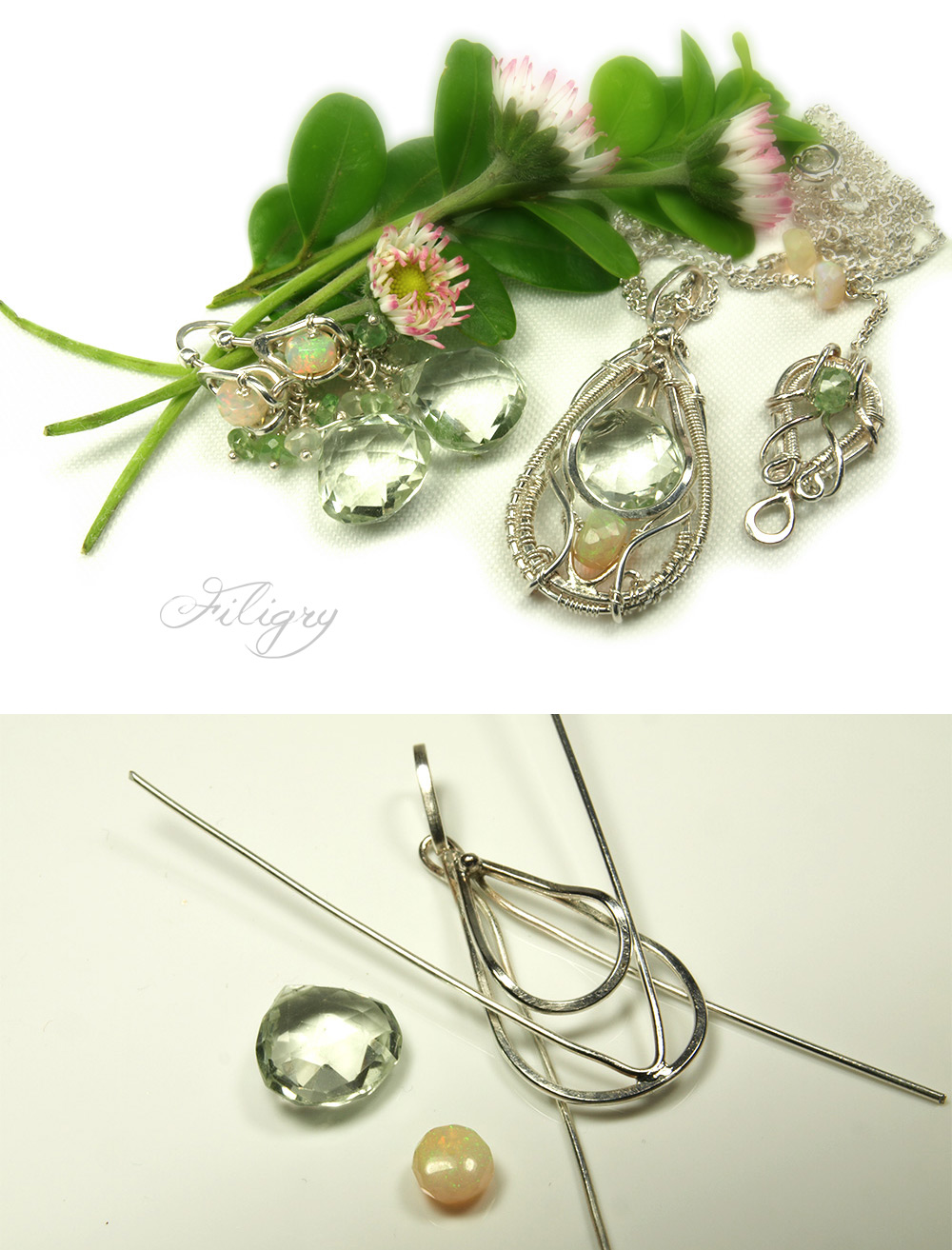 Delicate flower - Opal and Prasiolith jewellry Set