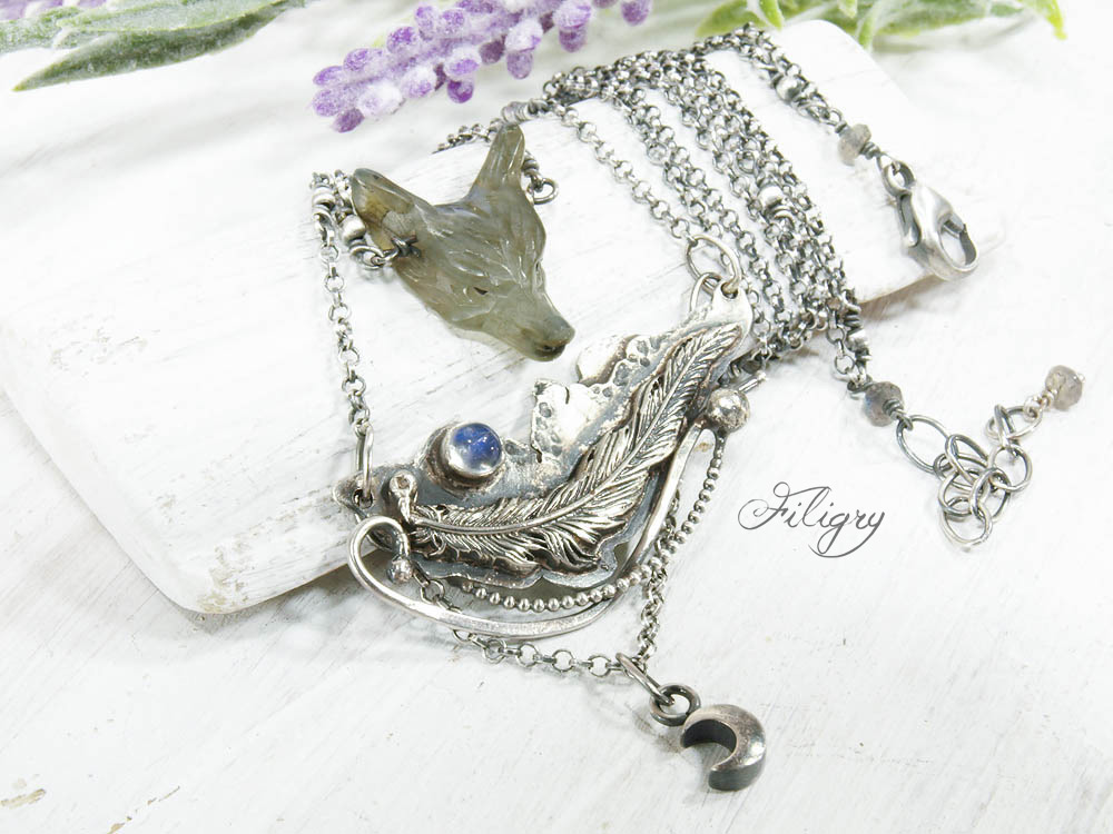 Labradorite Wolf, Moonstone 935 Silver Necklace