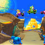 Wario at GBA Cheese Land with Yoshi and Peach