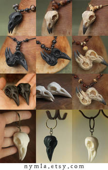 Bird Skull pendants, Magnets, Keyrings