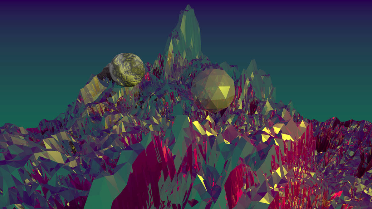 Fractal mountains and 2 weird balls by Phen0m77