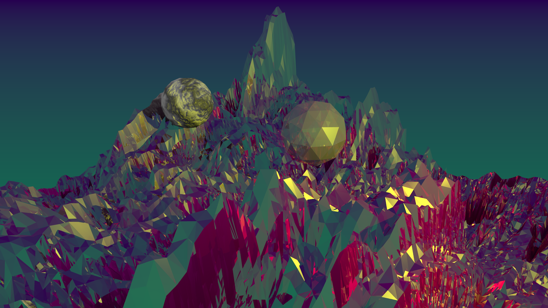Fractal mountains and 2 weird balls by Phen0m77