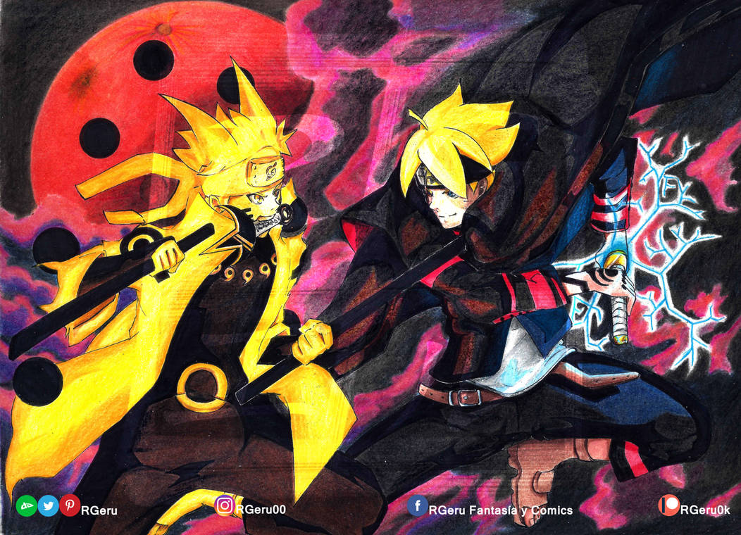 Boruto facing off against Naruto, symbolizing the clash of two generations