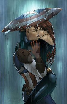 Captain America and Black Widow in the Rain