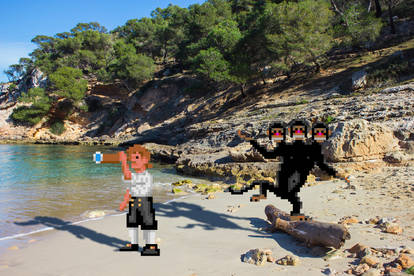 A photo of Portals Vells beach, Majorca, with sprites of Guybrush and the three-headed monkey from The Secret of Monkey Island edited into it. To add to the illusion that they are really there, they are casting shadows on the ground. Guybrush looks out to sea through a spyglass. The monkey is dancing on a driftwood log behind him.