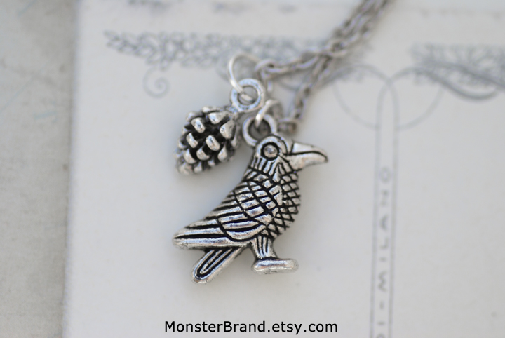 Tiny Crow and Pinecone Necklace