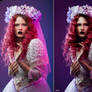 Before after retouch of woman in antique dress