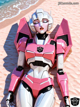 Arcee is sleeping on a sandy beach