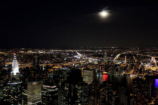 NYC at Night Moon Rising Over