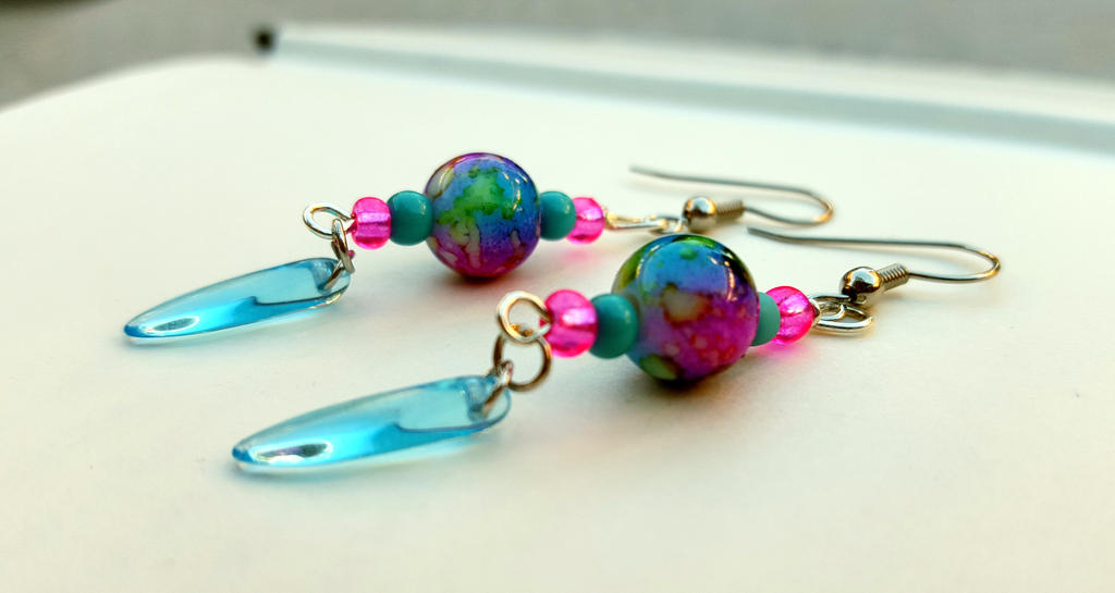 Bright pink and blue beaded dangle earrings