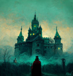 Dracula in front of his castle