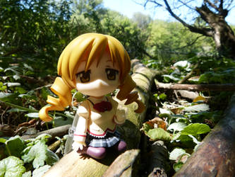 Mami Tomoe sitting on a log