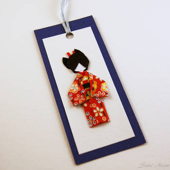 Sold-Bookmark Little Japanese doll - Washi - blu