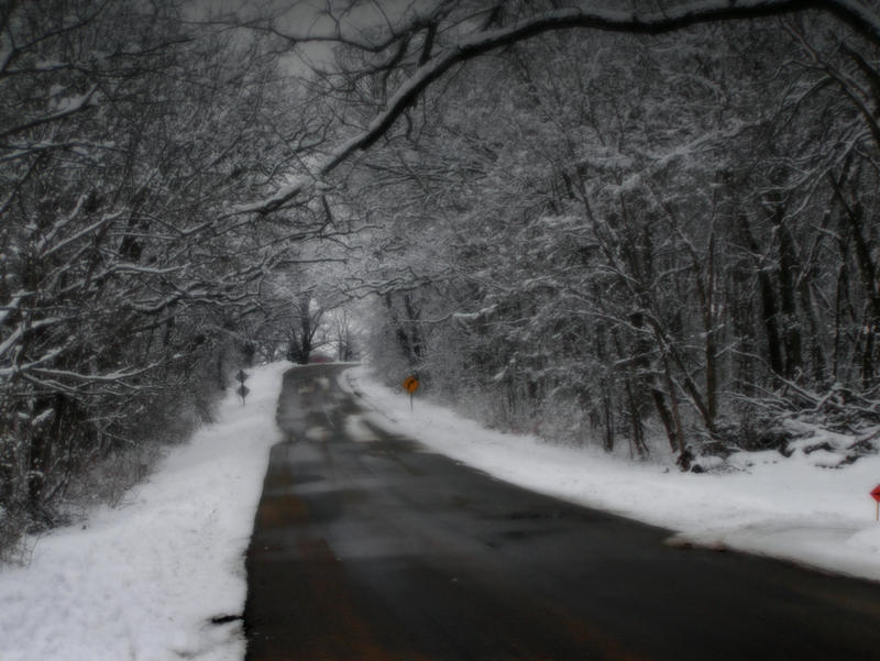 wintery road curves ahead.