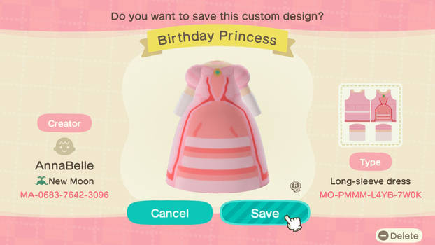 animal crossing birthday dress heres the code for @cafemicaela's birthday dress! <3 a cute regency inspired by jane austen's 'emma' #ACNH #ACNHdesign