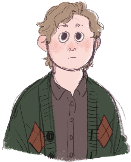 andy, a young man with pale skin and short, dark blonde hair, wearing a green cardigan over a brown shirt.