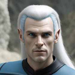 25 year old Andorian male long white hair blue ski