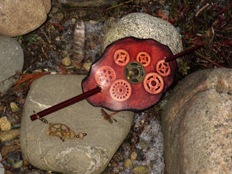 Steampunk leather embossed brooch with hair pin