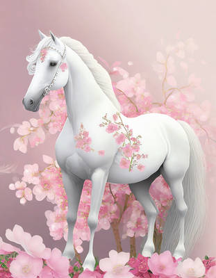 WHITE HORSE WITH PINK FLOWERS