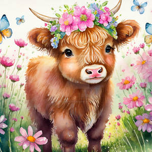 Highland Cow Calf With Flowers Wallart