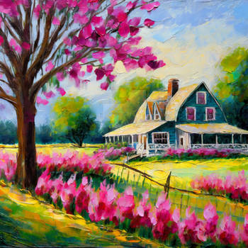 COUNTRY FARM HOUSE WITH PINK FLOWERS
