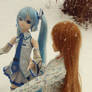 snow miku and mirai have fun in the snow ^^