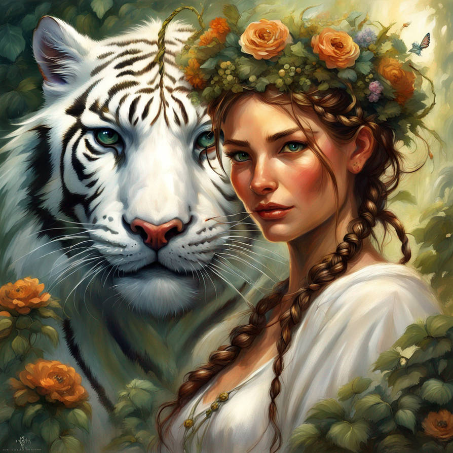 Strength Tarot card featuring a white tiger and a woman, symbolizing inner power and compassion