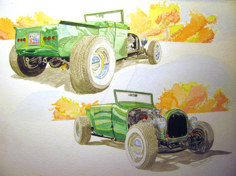 1929 Ford Roadster Hot Rod in Gouache 11x15