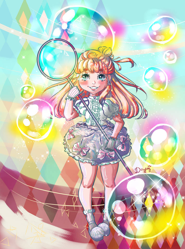 Illustration of a magical anime girl encased in a shimmering bubble