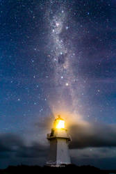 A lighthouse under the milky way