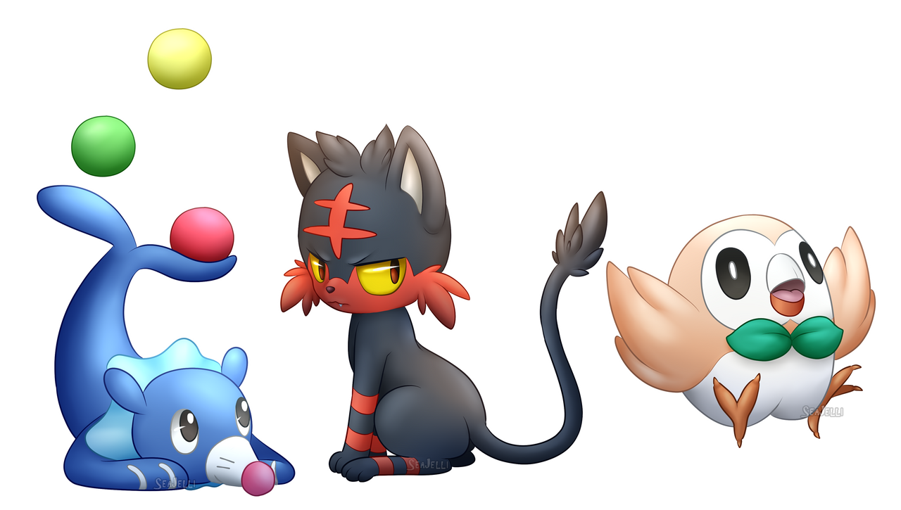 Popplio, Litten, and Rowlet (+speed drawing) by SeaJelli