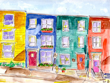 Watercolor and Ink Colorful Row Houses Sketch