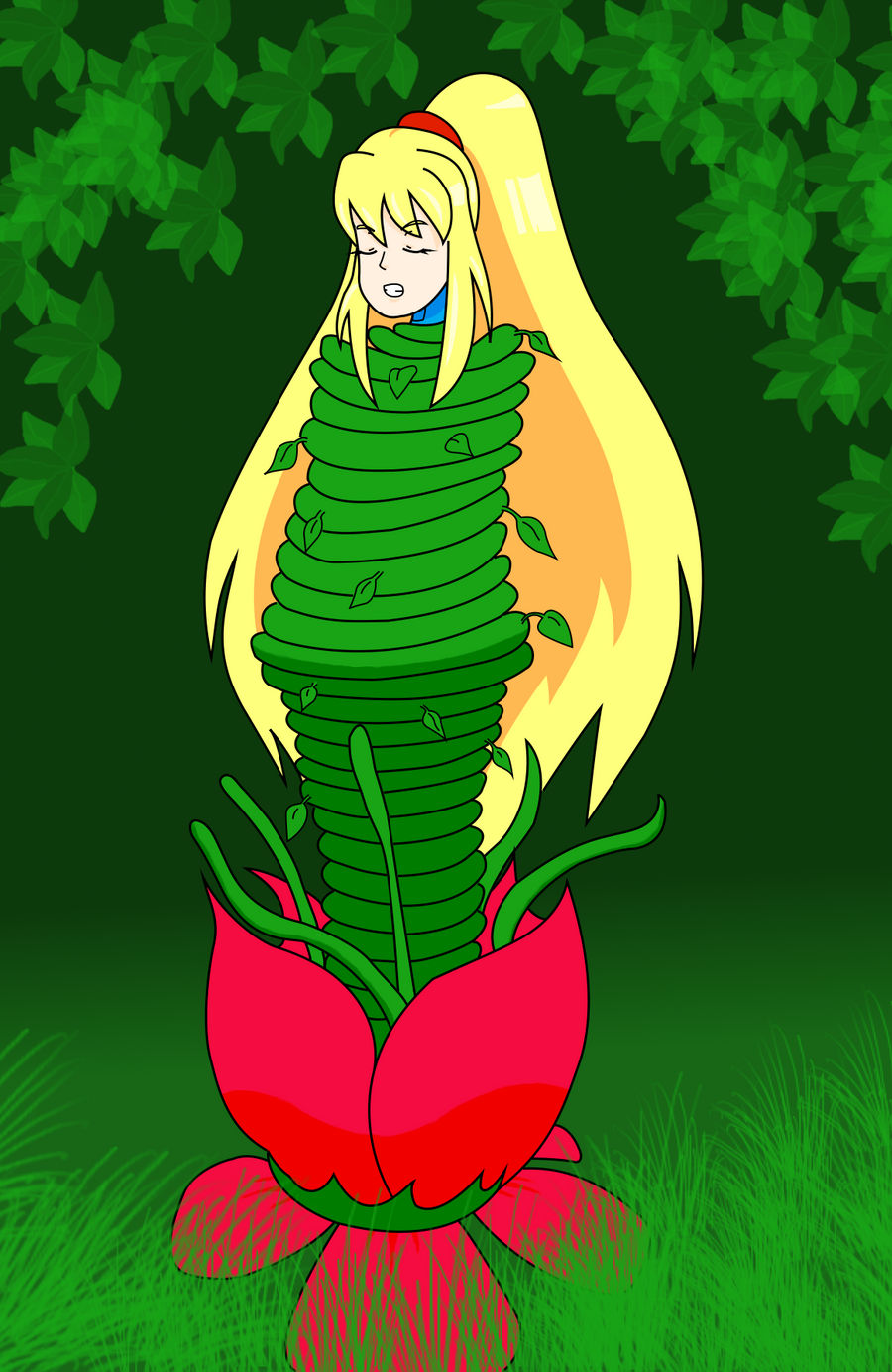 Samus wrapped by a plant