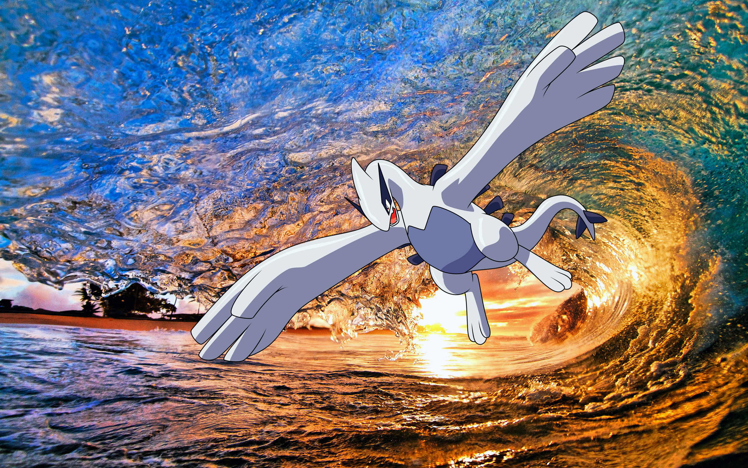 A portrait of the Pokémon Lugia flying with a blue sky background