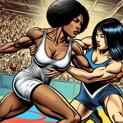 Muscular women wrestling