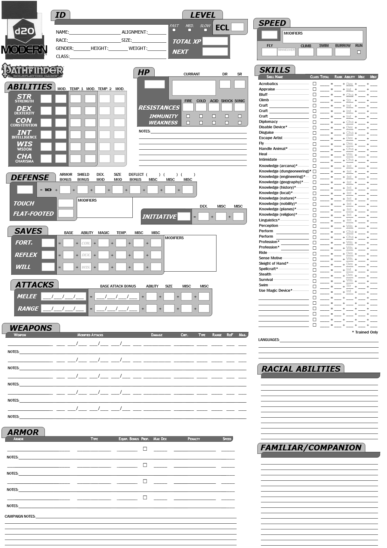 Pathfinder + D20 Modern character sheet Page 1