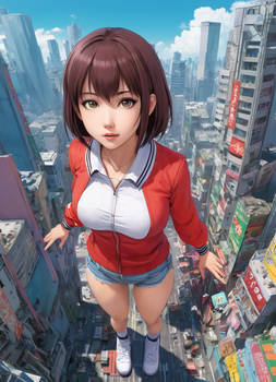 Giantess anime girl in a shrunken city