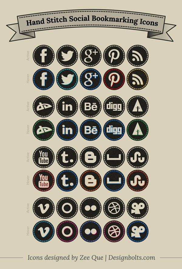 Free Hand Stitch Social Bookmarking Icons