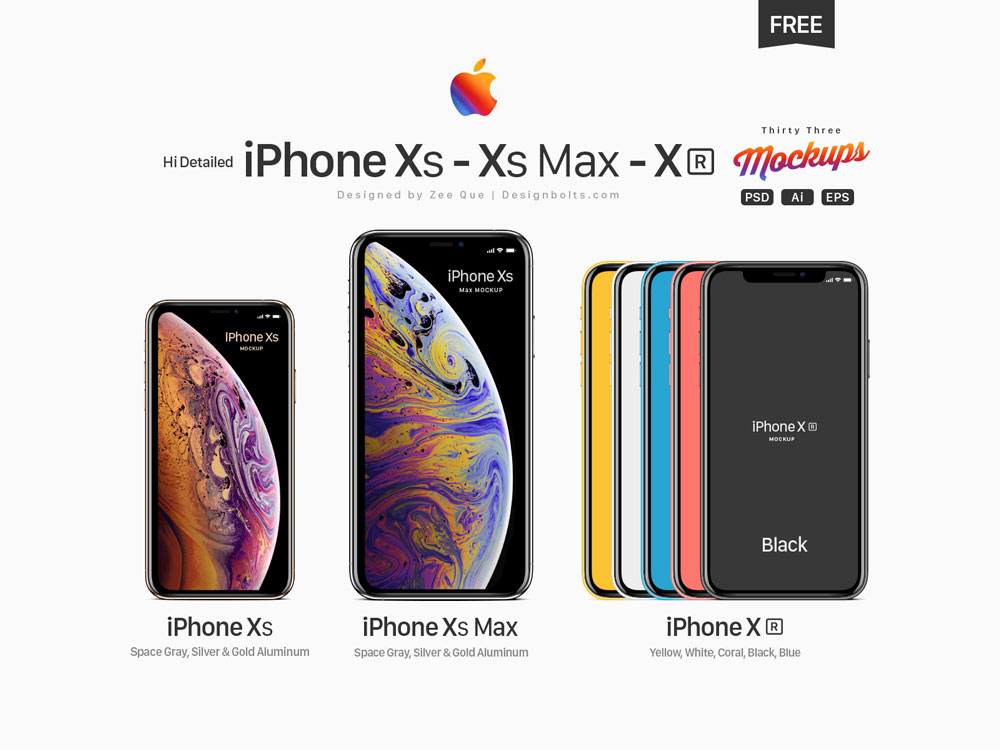 Download Free iPhone Xs, Xs Max, Xr Mockup PSD, Ai and EPS by ...