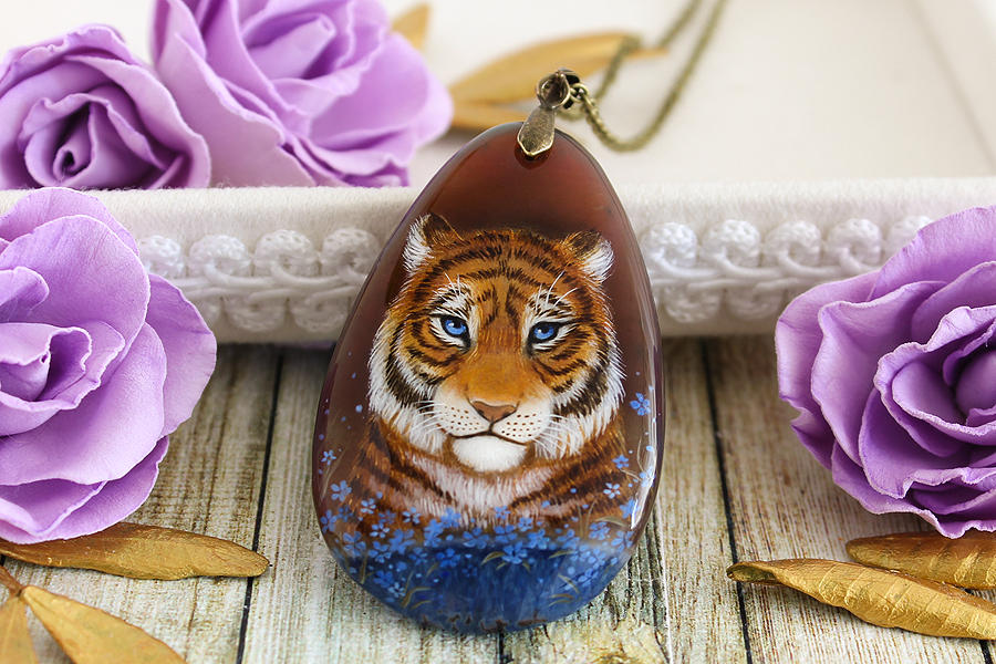 Tiger in blue flowers - hand painted pendant by LunarFerns