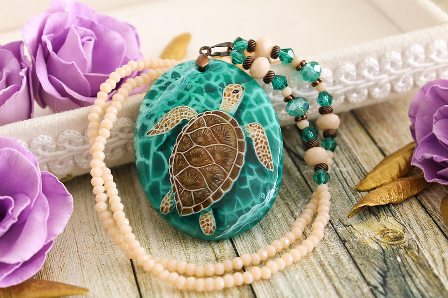 Sea turtle  - hand painted stone pendant