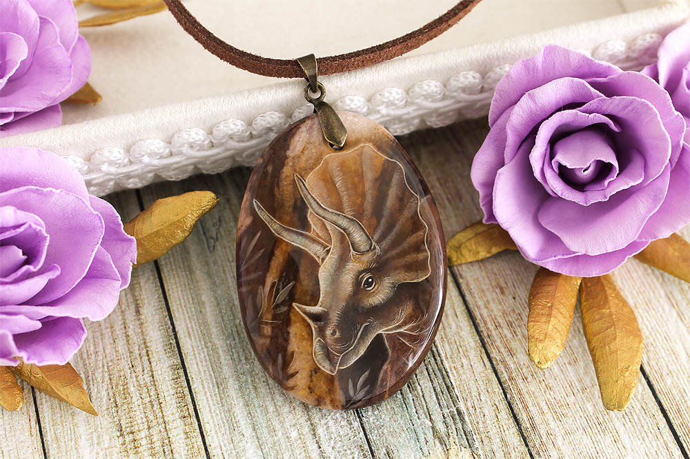 Triceratops - handmade painted stone pendant