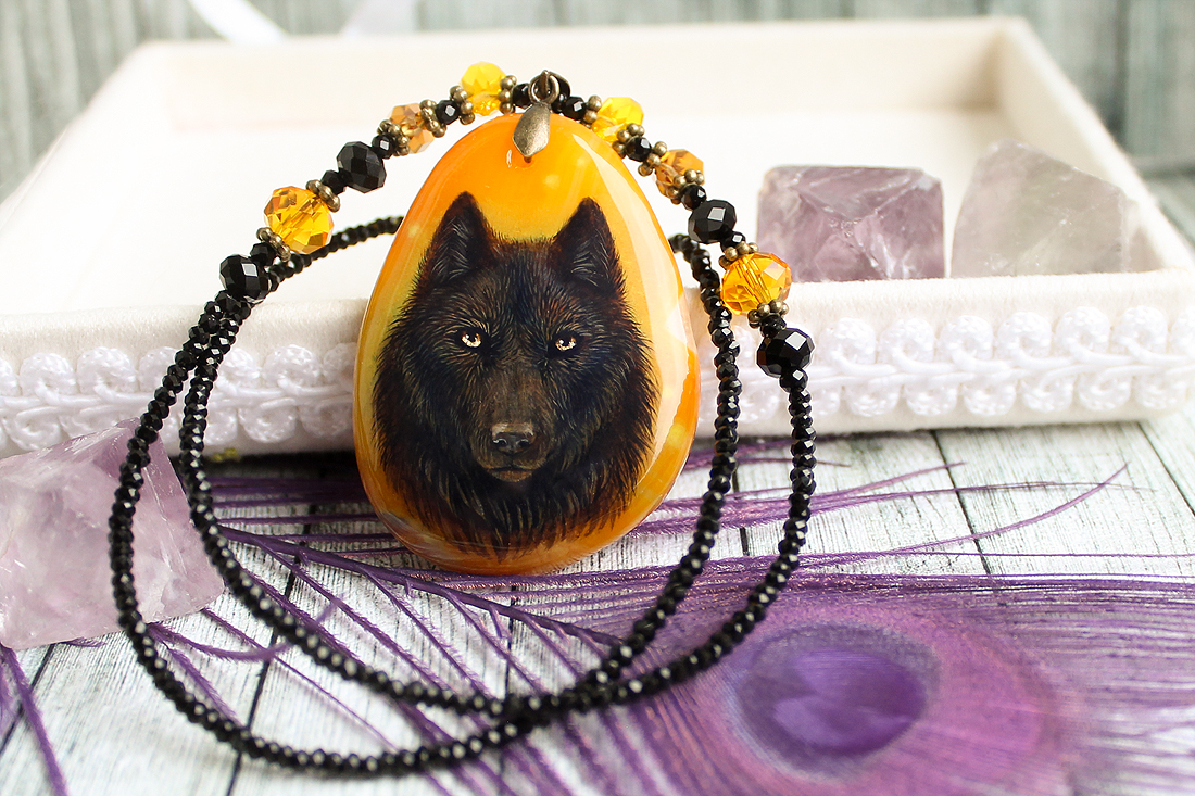 Halloween wolf- hand painted pendant