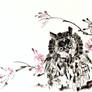 Sumi-e owl and sakura