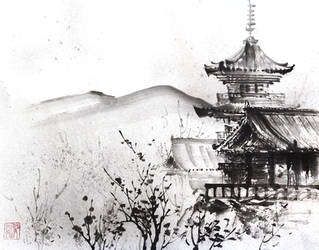 [Sumie] Landscape with temple