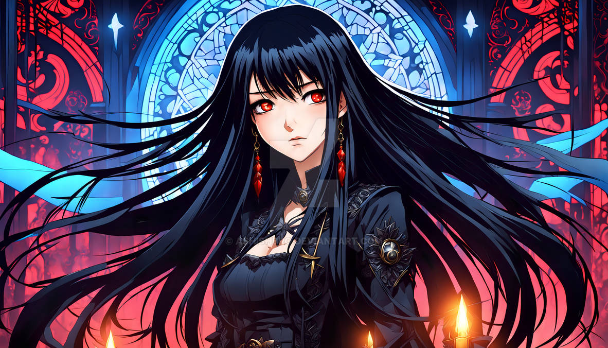 A striking girl with long black hair, intricate, d