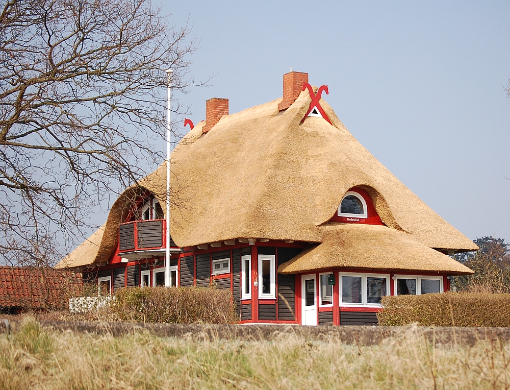 Red house with reed roof