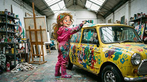 Brianna painting car and covered in paint