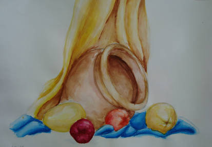 Jar,apple, pear - water-colour